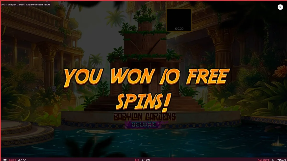 Pemandangan visual slot Babylon Gardens Ancient Wonders Deluxe dengan latar belakang taman kuno yang megah