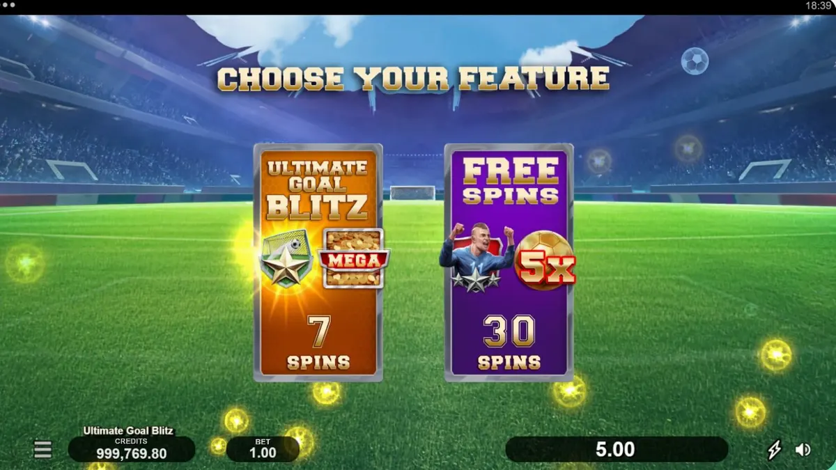 Pemandangan stadion sepak bola yang megah dengan lampu sorot terang untuk slot Ultimate Goal Blitz